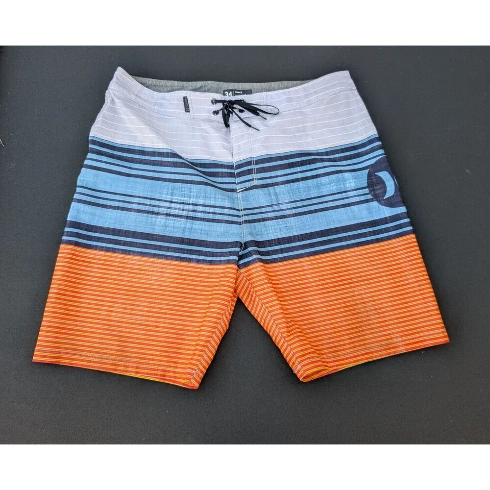 Hurley Board Shorts Orange Blue Size 34 Drawstring Striped
